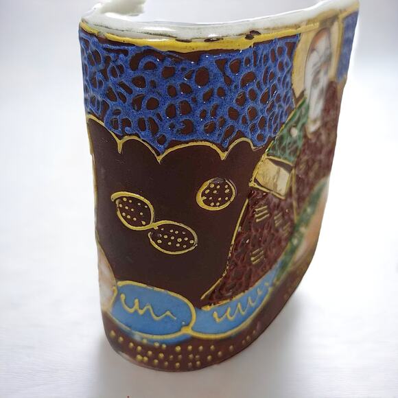 Vintage Satsuma Moriage Small Trinket Dish Oval Cup Gilded Raised Enamel Signed - Picture 3 of 8